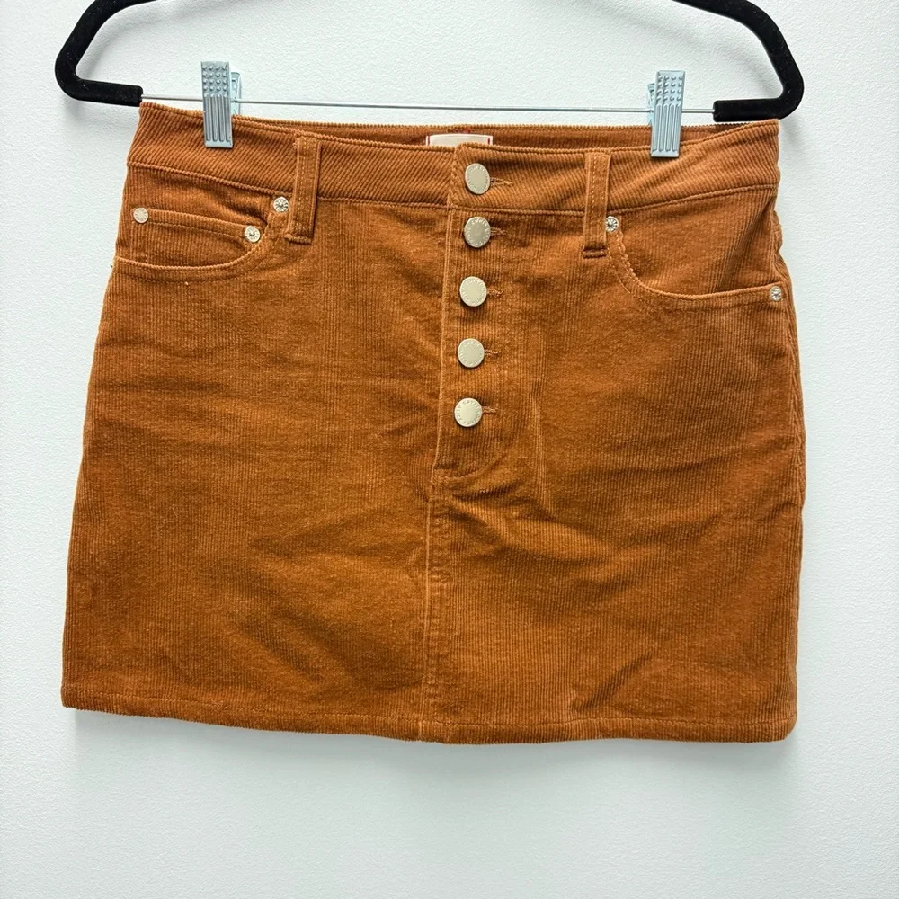 Alice + Olivia Joss High Rise Button Front Corduroy Skirt, Camel Brown | Size 27